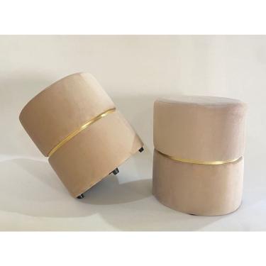 Imagem de Kit 2 puffs com cinta dourada elegante moderno luxo para sala moveis tecido com cor bege claro