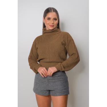 Imagem de Blusa Feminina De Frio Tricot Trançada Gola Alta Inverno - Calu Tricot