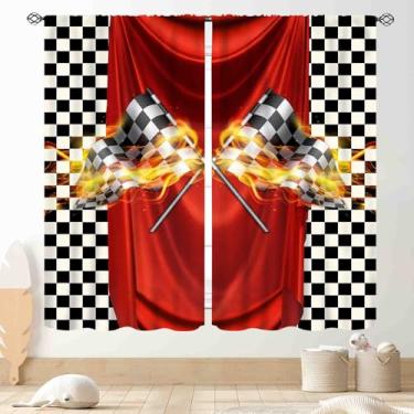 Imagem de Cortinas de carro de corrida para quarto de meninos, bandeira quadriculada preta e branca para esportes radicais, jogo de arrefecimento, cortina de janela vermelha para adolescentes, homens, quarto