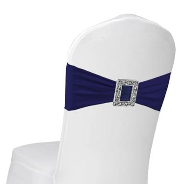 Imagem de Faixas de cadeira de elastano, pacote com 100 faixas elásticas para cadeira com fivela deslizante para festa de casamento, banquete, restaurante, decoração de cadeira de chá de bebê (azul marinho)