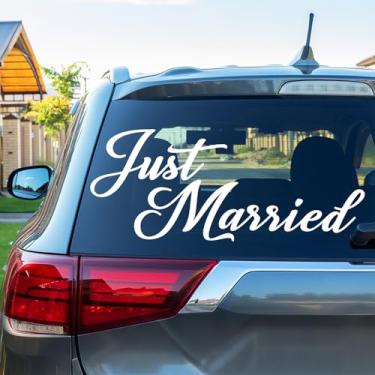 Imagem de Timtin Adesivos de vinil para carro Just Married Decorações de carro de casamento decalques removíveis de veículos decoração de porta de janela para lua de mel casamento aniversário suprimentos de
