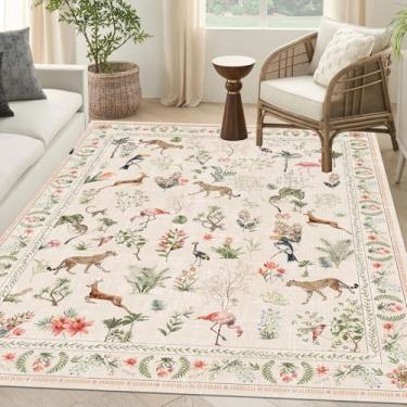 Imagem de Tapete lavável 1,7 m x 18 m bege grande tapete de sala de estar animal botânica floral antiderrapante macio boho chita flamingo cervo colorido oriental vintage quarto tapete sala de jantar berçário
