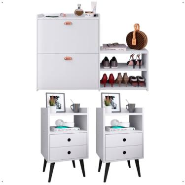 Imagem de Kit 2 Mesas Cabeceira Dream Mesinha Lateral Cama Sapateira Vertical Milano Banquinho Organizador Quarto Branco - Lojas RPM