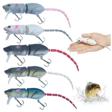Imagem de 5 peças iscas artificiais de pesca de rato de 6 cm iscas de pesca realistas 3D com gancho de agudos, isca multiarticulada para robalo de água doce e salgada, isca de rato