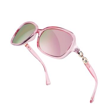Imagem de FEISEDY Óculos de sol polarizados quadrados vintage para mulheres 100% UV400 Óculos de sol moda para dirigir ao ar livre B2526, Lentes espelhadas rosa com armação rosa transparente