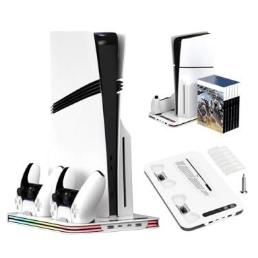 Imagem de VGBUS Suporte PS5 Pro/Slim/PS5 e estação de refrigeração com estação de carregamento de controlador duplo para consola PlayStation 5, suporte de refrigeração, kit de acessórios PS5/Slim/Pro com