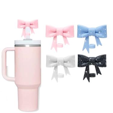 Imagem de Oddyami Topper de cobertura de canudo de laço para Stanley Cup, topo de palha rosa com glitter de silicone para copo com alça 30/1,134 g, tampas de canudos fofos de 10 mm, tampas de canudos
