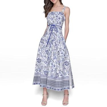 Imagem de Karl Lagerfeld Paris Vestido feminino midi de algodão com gola quadrada sem mangas, Combo de safira brilhante branco macio, 36