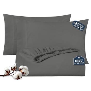 Imagem de ROYALE LINENS Lençol de elástico com fronhas - Lençóis King com 2 fronhas - 300 fios 100% algodão orgânico - Serve para colchões de até 45,7 cm de profundidade - Macio e respirável - Cinza (sem lençol