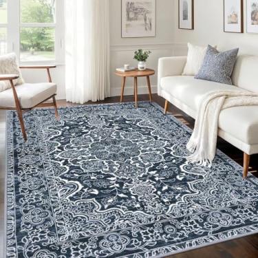 Imagem de KUTA Tapete de área, 12 x 18 cm, azul marinho, lavável para sala de estar, ultramacio, antiderrapante, estampado, flor, envelhecido, floral, casa de fazenda, para quarto, sala de jantar, dormitório