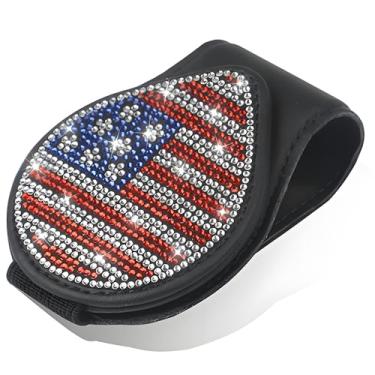Imagem de MINGZAIQIPEI Suporte de clipe de óculos de sol estilo bandeira americana para viseira de carro PU strass elegante funcional armazenamento organizado acessório de carro
