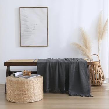 Imagem de Cobertor de musselina 100% algodão para cama, sofá, pequeno, decorativo, macio, pré-lavado, respirável e leve cobertor de gaze com borlas, adequado para todas as estações, cinza escuro, 127 x 152 cm