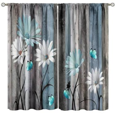 Imagem de XBDDZSW Cortinas de cozinha de fazenda, flores de madeira, borboleta floral, rústico, estampa de casa de fazenda, quarto, sala de estar, varão, bolso para janela, cortinas de janela, 2 painéis L 106 x