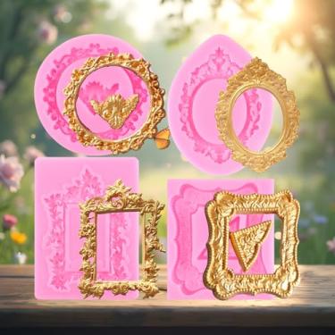 Imagem de Moldura de foto molde de fondant moldura de silicone moldes barrocos para decoração de bolos topo de cupcake chocolate doce argila polímero conjunto de 4