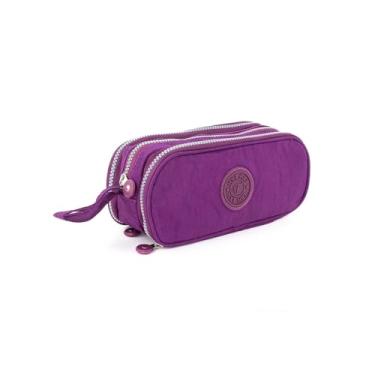 Imagem de Estojo Escolar Box Grande 3 Divisórias e 14 elasticos Unissex, Ziper Tecido Resistente e Compacto, Organizador de Canetas, Lápis e Acessórios (ROXO)