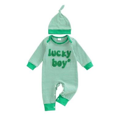 Imagem de Eurvoku Newborn Infant Baby Boy St Patricks Day Outfit Lucky Boy Embroidery Waffle Knit Long Sleeve Romper Jumpsuit with Hat (Striped-Green, Newborn)