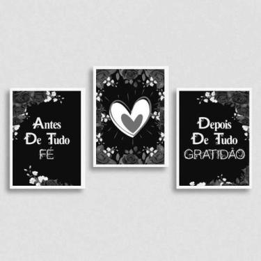 Imagem de Kit 3 Quadros Fé E Gratidão Preto Com Cinza 24X18Cm - Quadros On-Line
