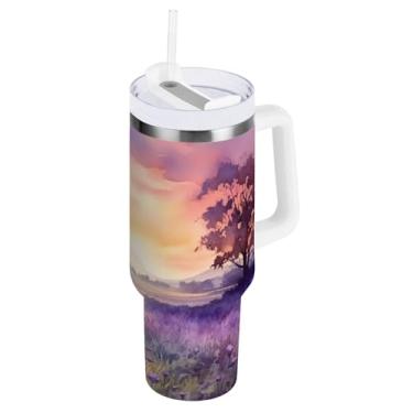 Imagem de Blueangle Copo isolado de 850 g com alça e tampa de canudo - Caneca de viagem de aço inoxidável à prova de vazamento, pôr do sol a vácuo de parede dupla em uma garrafa de água de campo roxo (915)
