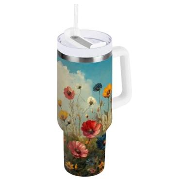 Imagem de Blueangle Copo de pintura a óleo de flores silvestres de 1,134 g com alça e tampa de palha, copo isolado, reutilizável, garrafa de água de aço inoxidável, caneca de viagem (614)