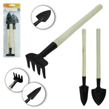 Imagem de Mini Kit Jardim 3 Peças Pá Larga Pá Estreita Rastelo Madeira - Genéric