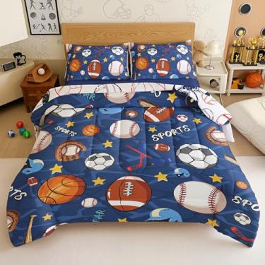 Imagem de Conjunto de cama esportivo infantil – Conjunto de edredom completo de 5 peças com estampa de futebol, basquete, futebol e beisebol, cama em uma bolsa divertida para decoração de quarto de meninos