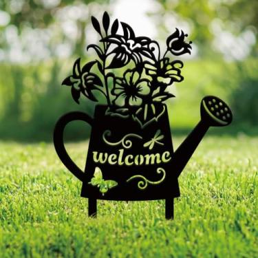 Imagem de SUPERDANT Bem-vindo metal decoração de jardim regador ornamento de jardim ao ar livre silhueta preta decoração ao ar livre estacas de jardim arte de parede de metal decorativo para gramado pátio