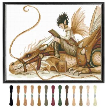 Imagem de FREEBLOSS Kit de ponto cruz estampado de 11 quilates com estampa de dragão e livro, kits de ponto cruz para iniciantes e adultos com instruções de bordado para pendurar na parede, faça você mesmo