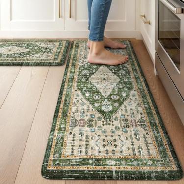 Imagem de Collive Tapetes de cozinha Boho para chão, tapetes de cozinha acolchoados antifadiga, conjunto de 2, tapetes antiderrapantes à prova d'água tapete de pé confortável para lavanderia, escritório, mesa