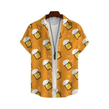 Imagem de Camisa Havaiana Masculina Estampada Em 3D Com Tema De Cerveja, Manga C