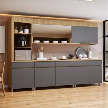 Imagem de Cozinha Completa Modulada 5 Peças 8 Portas 4 Gavetas Torre Angular 100% Mdf Realeza Premium Carvalho/Titânio