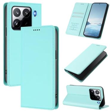Imagem de Capa carteira fina para Xiaomi 15 Pro com capa flip magnética, compartimentos para cartões e suporte, bloqueio RFID, compatível com carregamento sem fio, capa protetora à prova de choque (menta)