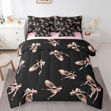 Imagem de Erosebridal Conjunto de cama solteiro com 7 peças de sapatilhas de balé preto e rosa | Conjunto de edredom com laço coquete com fita, cama vintage em uma bolsa, conjunto de cama feminino e infantil