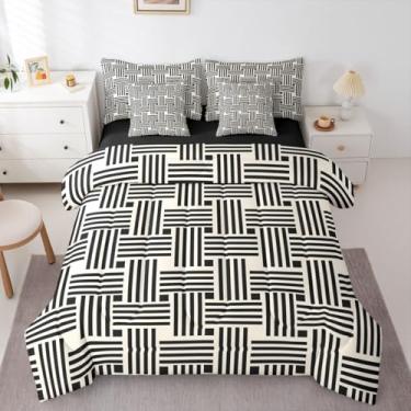 Imagem de Erosebridal Conjunto de cama Queen com listras geométricas abstratas, preto e branco, para meninos, homens, adultos, moderno, quadriculado, conjunto de cama quadriculada, contemporâneo, minimalista