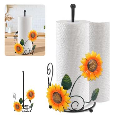 Imagem de Suporte de toalha de papel de girassol, suporte de guardanapo floral de ferro com base pesada, dispensador de rolo de girassol amarelo, suporte de rolo decorativo em pé, acessórios de bancada de