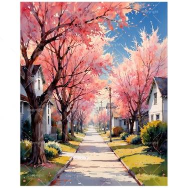 Imagem de Kit de pintura de paisagem de primavera por números para adultos - Pintura de cena de rua em flor de cerejeira DIY em tela 40,6 x 50,8 cm, conjunto de tinta acrílica para iniciantes, arte para