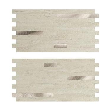 Imagem de 2 peças de azulejos de parede de pedra sintética, azulejos de parede com aparência de mármore de alumínio escovado bege para cozinha lareira RV (29,4 cm x 14,9 cm)