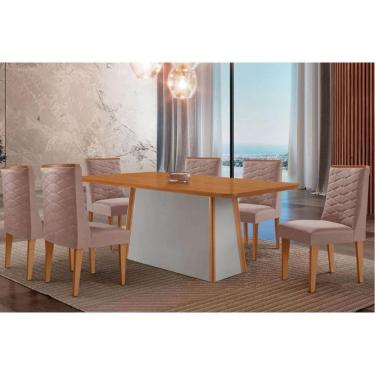 Imagem de Mesa Cozinha Tilia c/ Tampo Madeirado Canto Curvo 180x90cm e 6 Cadeiras Dafne Madeira Maciça Naturale/Off White - Capuccino/Linho Capuccino-Rufato