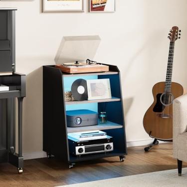 Imagem de Rresyet Suporte para toca-discos de 56 cm com estação de carregamento e luzes LED, armário de mídia de vinil de 4 camadas com roda e prateleiras divididas abertas, armazenamento de grande capacidade