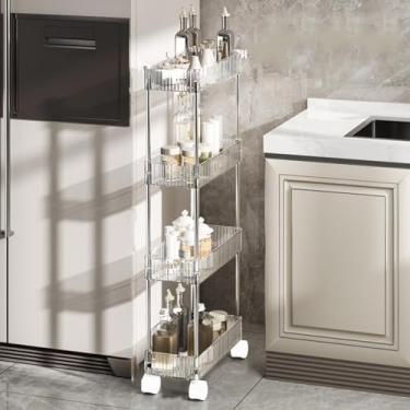 Imagem de Carrinho de armazenamento com rodinhas de 3 níveis com rodas e ganchos bloqueáveis, organizador de unidade de prateleiras utilitárias móveis para cozinha, banheiro, lavanderia, transparente, 38 cm P x