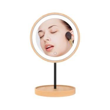 Imagem de Espelho de maquiagem de madeira para mesa de mesa com luz de preenchimento de luz, espelho de beleza portátil, espelho de maquiagem