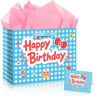 Imagem de TQQBUU Sacos de presente de aniversário azuis de 30,5 cm para meninas, com cartão de felicitações fofo e papel de seda para festa, bolsa de lembrancinhas de festa de gato, bolsa de desenho animado