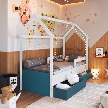 Imagem de Cama Infantil Montessoriana Casinha Solteiro Menino Menina Com Proteção Lateral E Gavetas Com Rodas Branco Com Azul