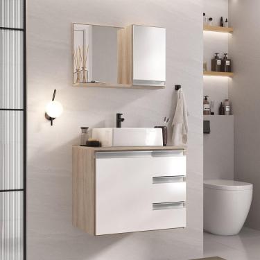 Imagem de Conjunto Gabinete Banheiro Prisma 60cm - Gabinete + Cuba + Espelheira - Com Vidro Madeirado Branco