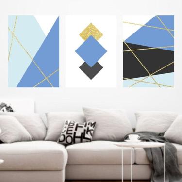 Imagem de Kit 3 Quadros Decorativos Geométrico Azul Escuro