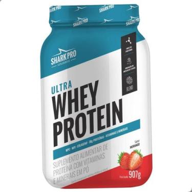 Imagem de Ultra Whey Protein Albumina Colageno Pote 900g Shark Pro, Morango