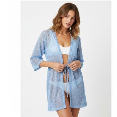 Imagem de Saída De Praia/ Kimono Em Renda De Arrastão Moda Verão - Corpo Dourado