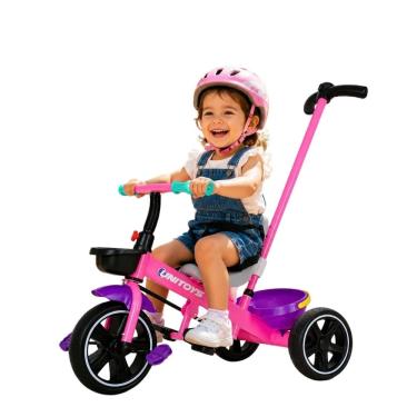 Imagem de Triciclo Infantil com Cadeirinha e Empurrador Rosa com Assento Anatômico e Cinto de Segurança Unitoys 56CM