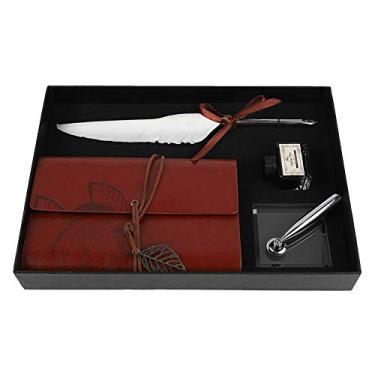 Imagem de Dip Feather Conjunto de canetas de caligrafia retrô de couro com caneta-tinteiro com caneta de tinta, caderno, caderno de couro, caneta de pena para presente (vermelho) (branco)