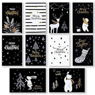 Imagem de Cartões de saudação Hotcinfin, cartões de Natal em branco, conjunto de caixa de volume, 60 cartões de Natal em folha dourada com envelopes e adesivos brancos, 10 designs sortidos com imagens tradicionais de natal, 10 x 6 polegadas