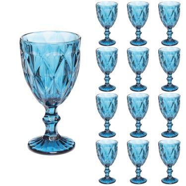 Imagem de Taças Diamante Copos Vidro Azul Bico De Jaca 300ml - 12Un